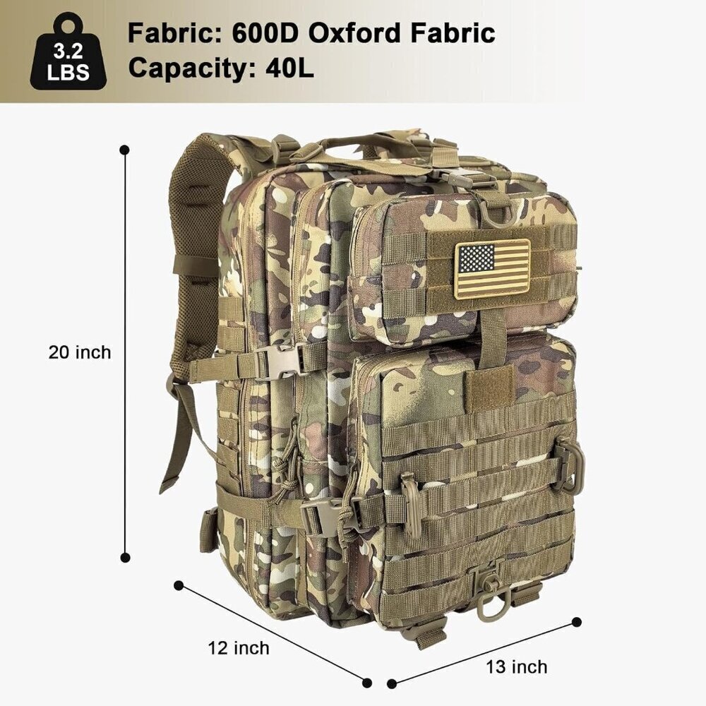Tactical Assault Backpack Military Molle 40L Waterproof Camping Rucksack - Picture 3 of 8